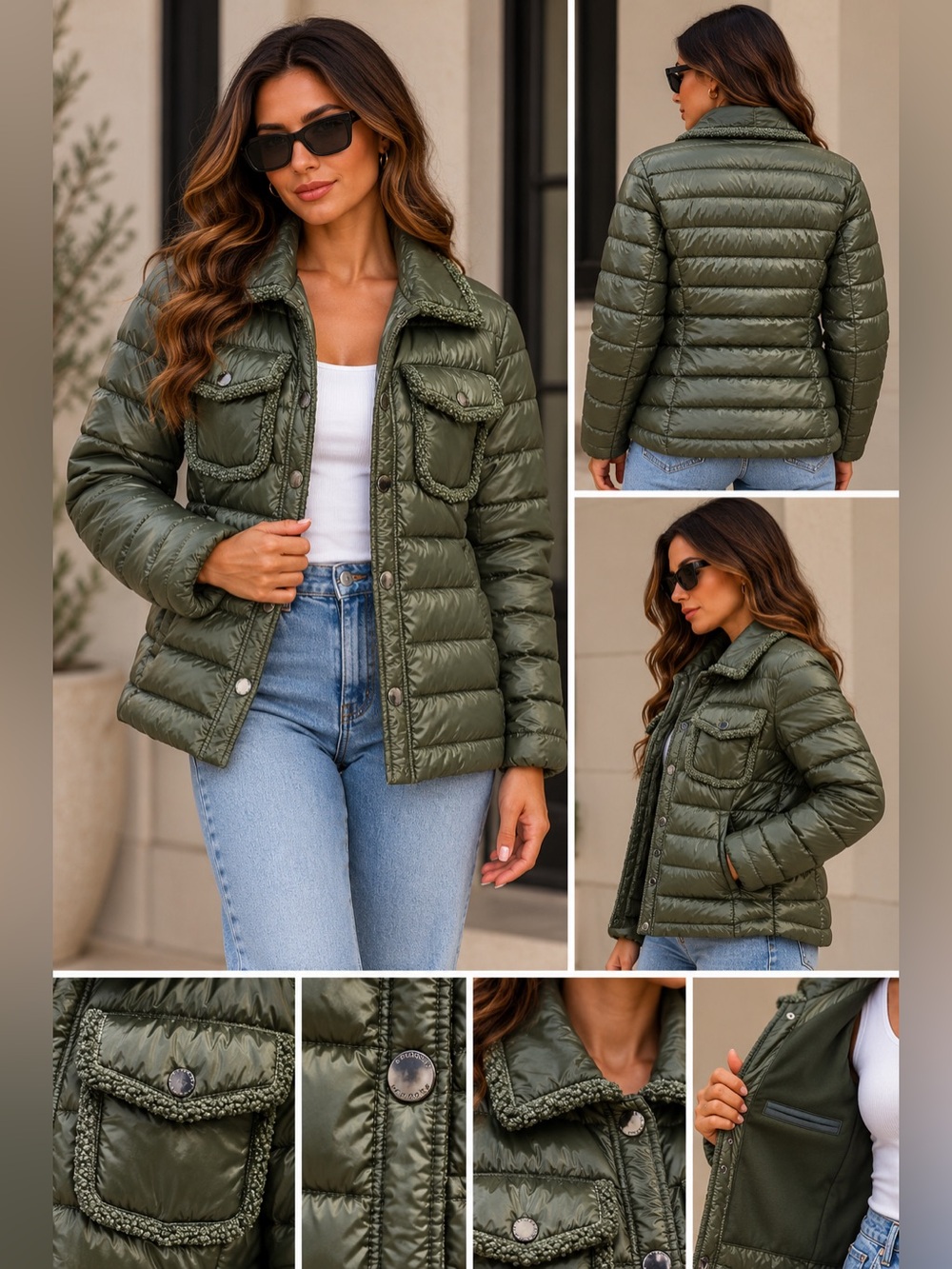 Laundry by Shelli Segal Sherpa Trim Quilted Puffer Jacket Coat Olive Green L